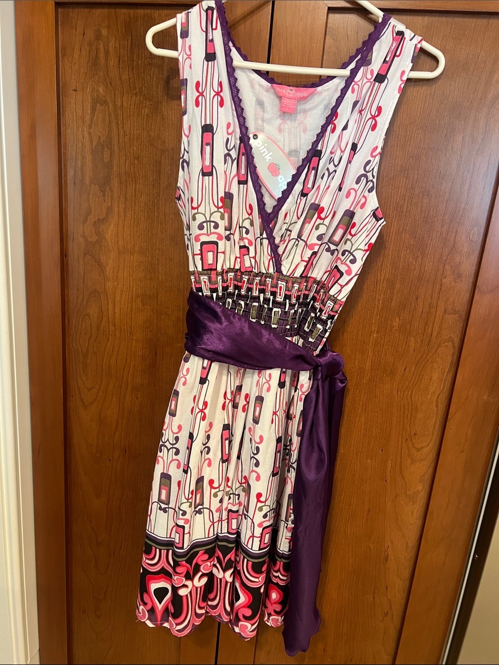Printed Midi Dress with Purple Satin Sash Large / Pink Apple